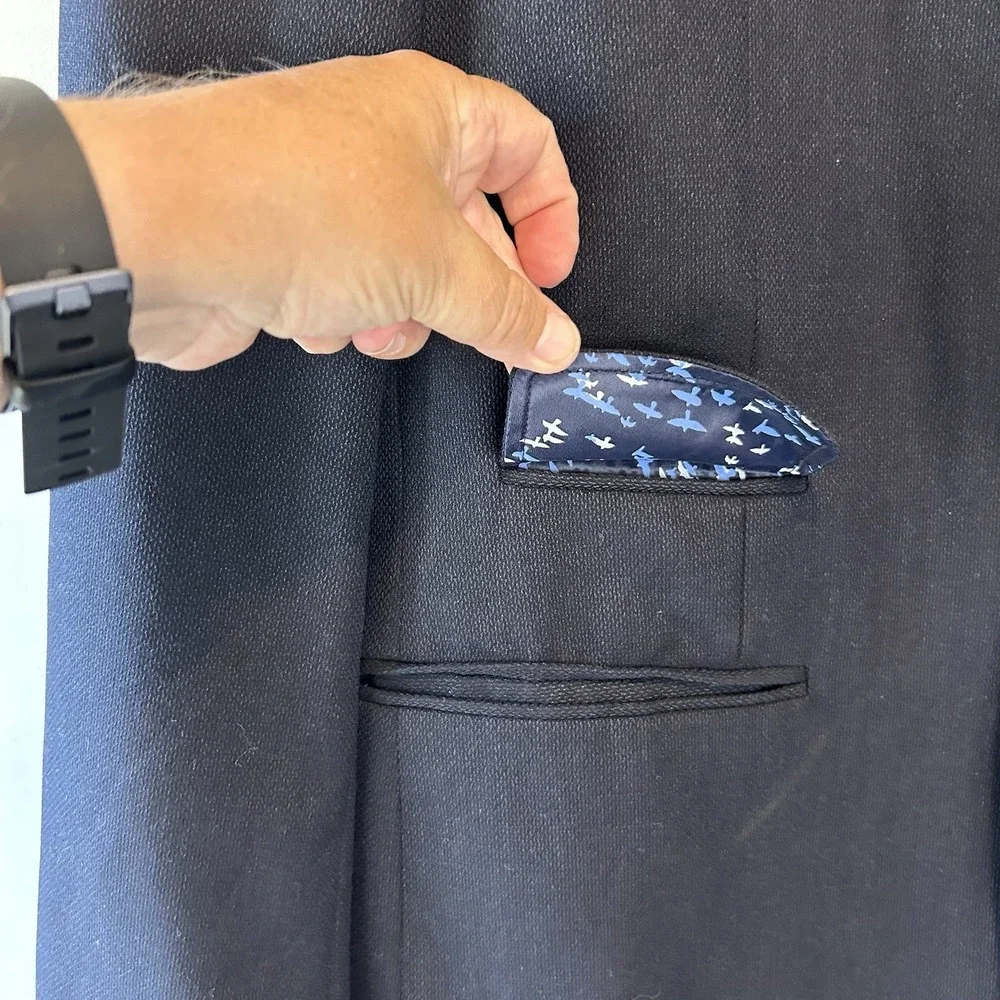 Murano Mens Slim Fit Blazer Navy Blue Textured Sport‎ Coat Bird Lining Size XL